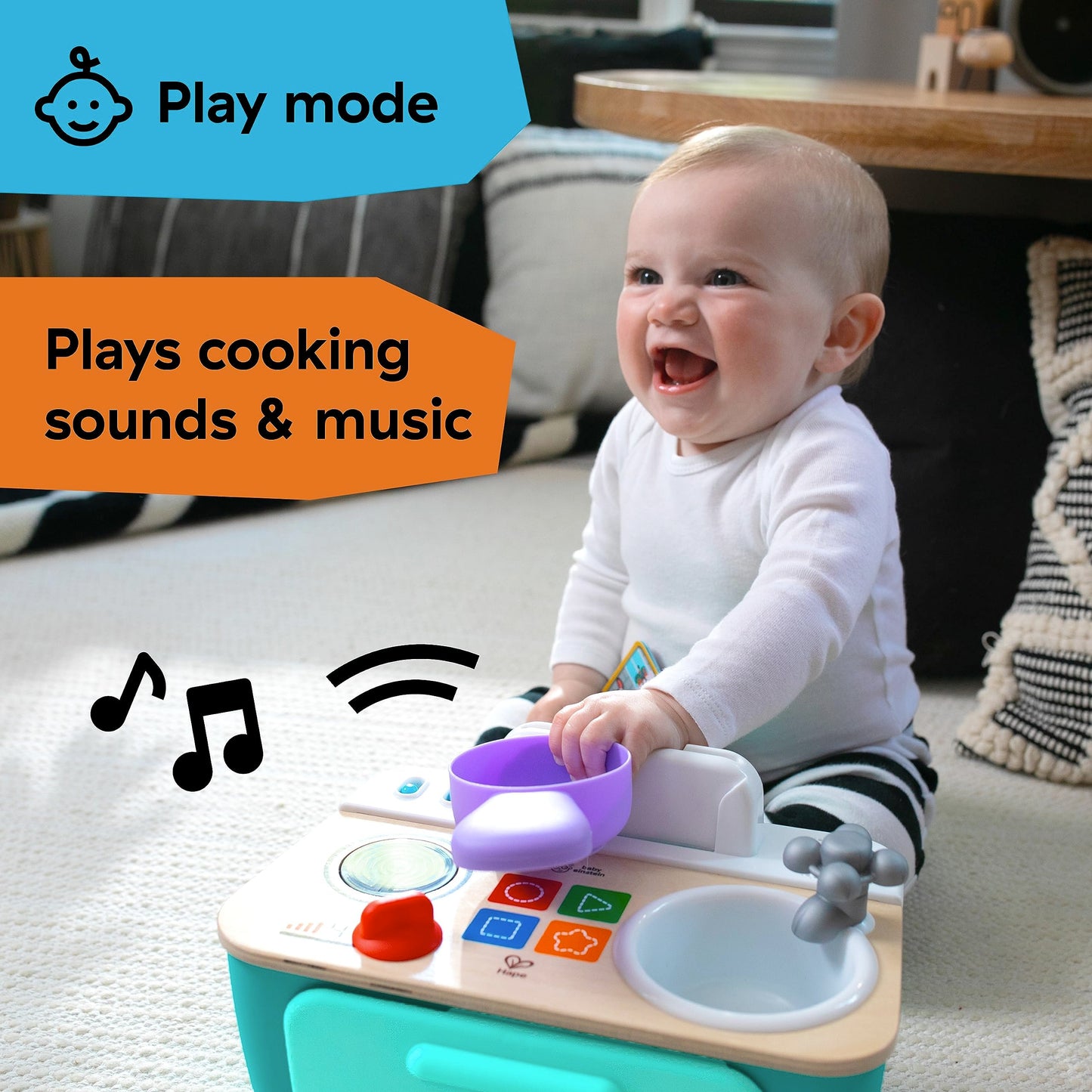 Baby Einstein + Hape Magic Touch Kitchen Play Toy Cooking Stove Set with Real Sounds and Music, Fine Motor Skill Development, Ages 1, 2, 3, 4+