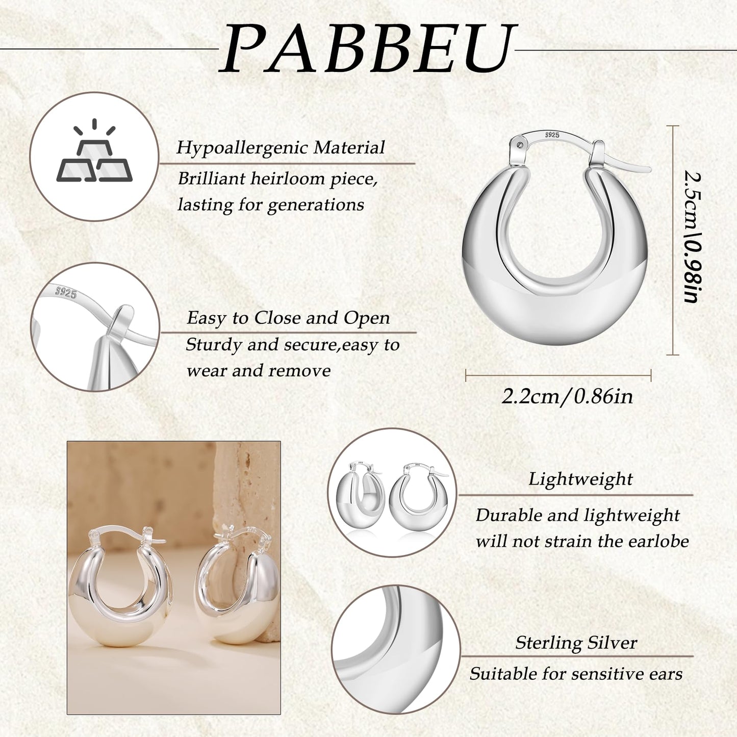 PABBEU Chunky Silver Hoops Earrings for Women, Hypoallergenic Lightweight 925 Sterling Silver Oval Hoop Earring, Sterling Silver Thick Hoop Earrings for Women (25mm)
