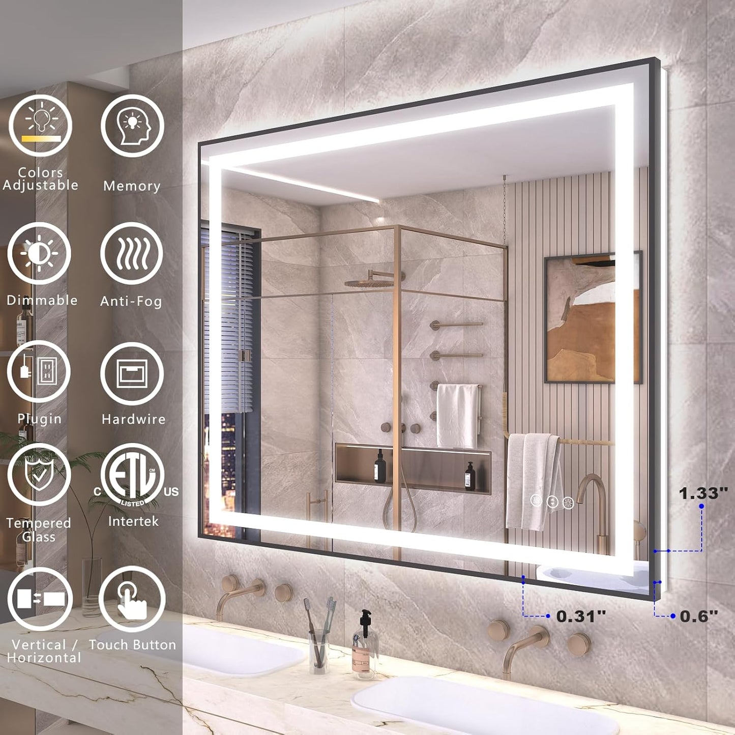 OKPAL 40x32 LED Bathroom Mirror with Lights, Lighted Mirrors for Bathroom Wall, Black Frame Lighted Vanity Mirror, Front and Backlit, Dimmable, Anti-Fog, Memory, Horizontal/Vertical