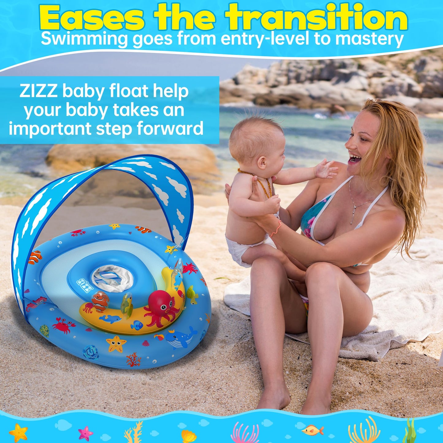 ZIZZ Baby Pool Float with Canopy - Inflatable Baby Swimming Float with UPF50+Sun Protection, Infant Pool Float with Toy Play Console Adjustable Seat for Boys Girls Toddler 6-36 Months