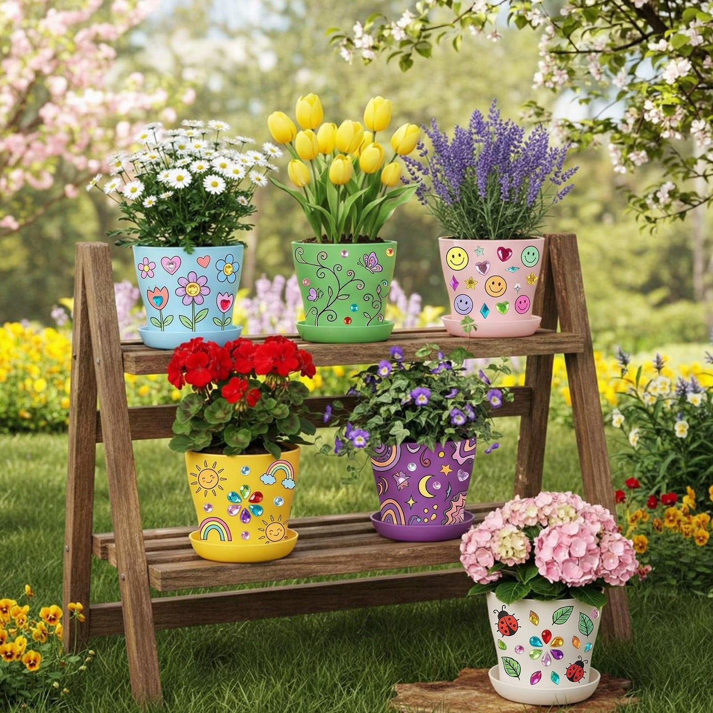 Ferrochef 24 Set Garden Plastic Paintable Flower Pot Craft Kit 4" Starter Pots DIY Painting Party Supplies Acrylic Paint Strips Gardening Kit for Planting Crafts Birthday Spring Gift (Round)