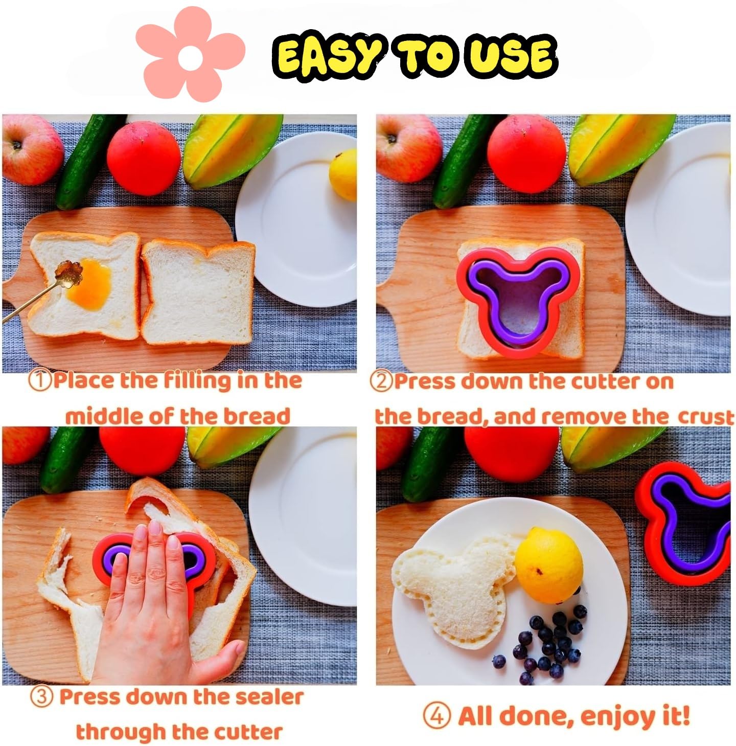 BANIC Uncrustable Sandwich Cutter, 12Pcs Sandwich Cutter and Sealer, Crustless Sandwich Cutter Heart Star Dino Mouse etc, Lunch & Bento Box Accessories