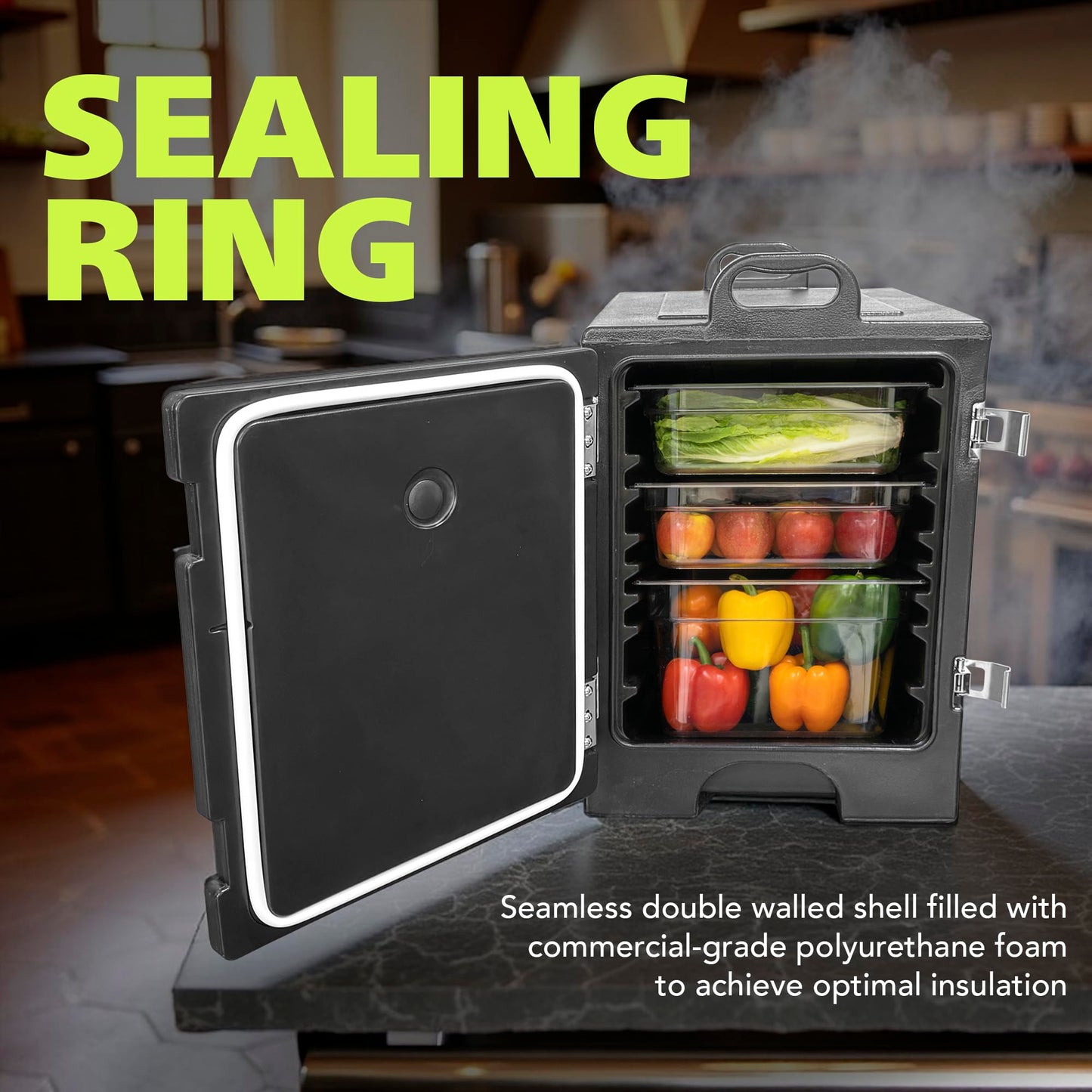 Pearington Commercial-Grade Insulated Food Pan Carrier for 5 Full-Size Pans, End-Loading Non-Electrical Stackable Hot Box Food Warmer with New Stainless Steel Latches, Black