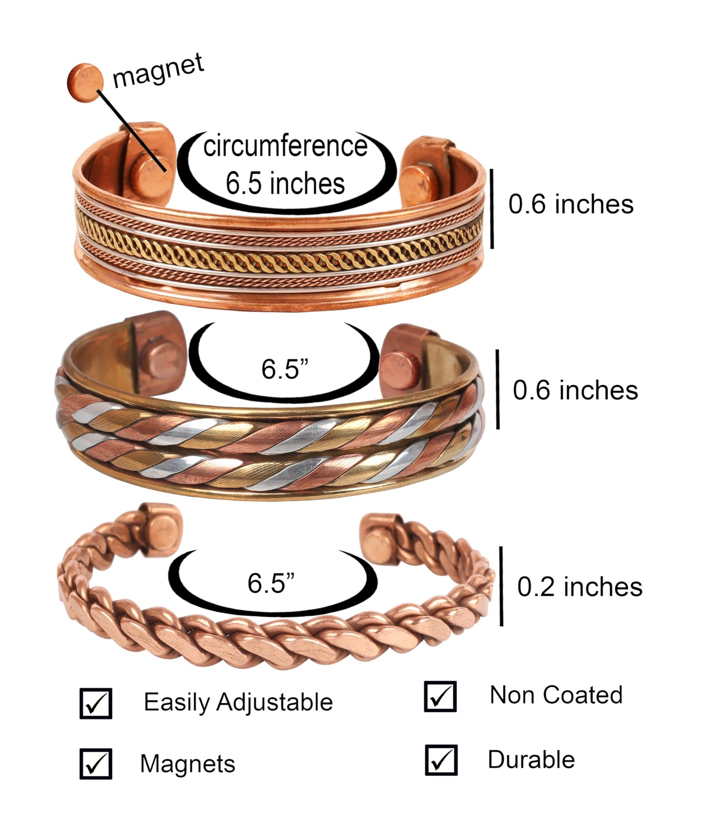 Touchstone copper bracelets | gift for men women |adjustable 100% pure solid real magnetic jewelry | handmade bracelet set combo | rope braided tibetan bangles. Set of 3 different designs