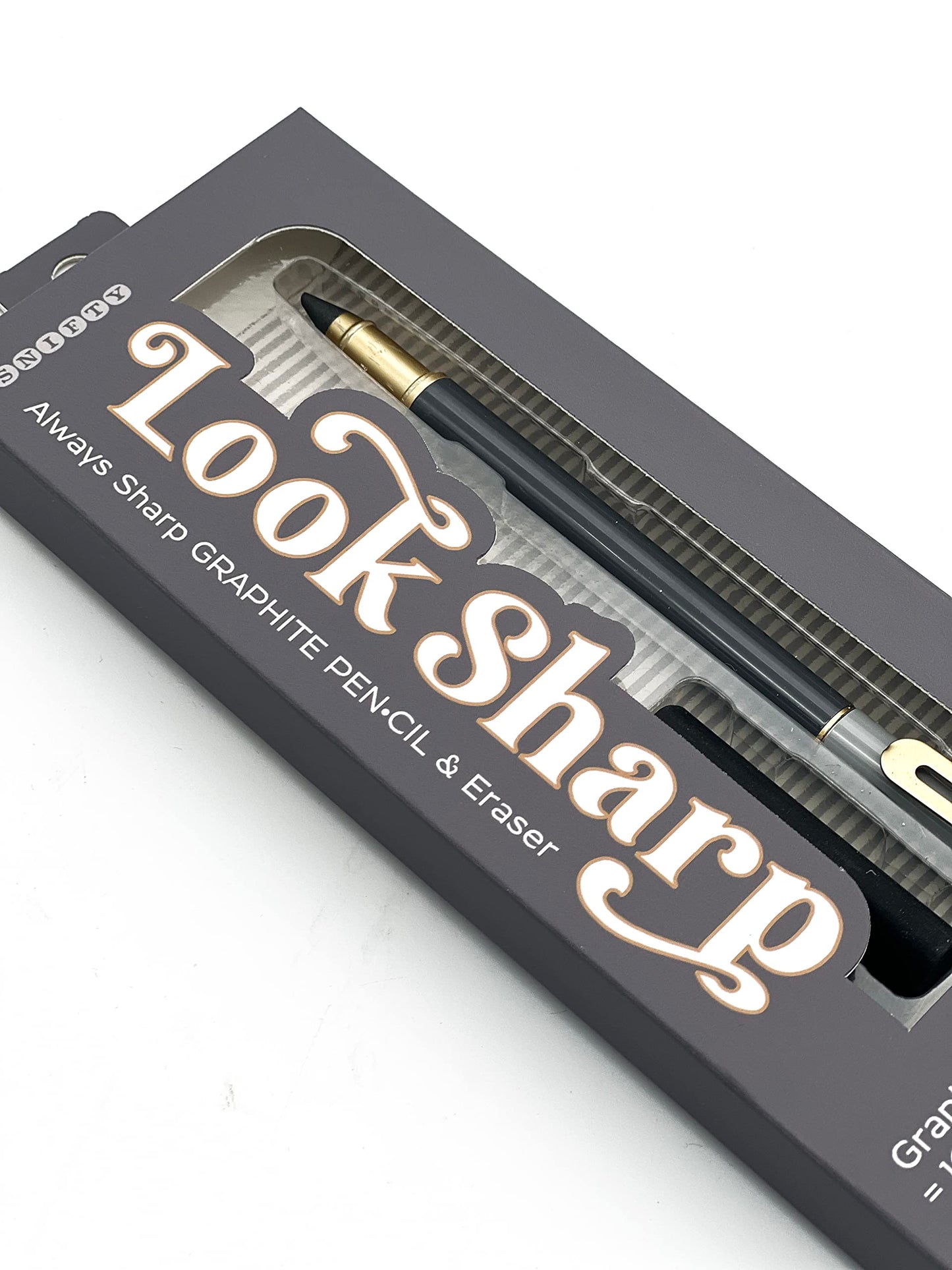 SNIFTY Look Sharp Always Sharp Pen•cil - Compressed graphite tip equals 100 pencils - Gray metal barrel + cap + eraser