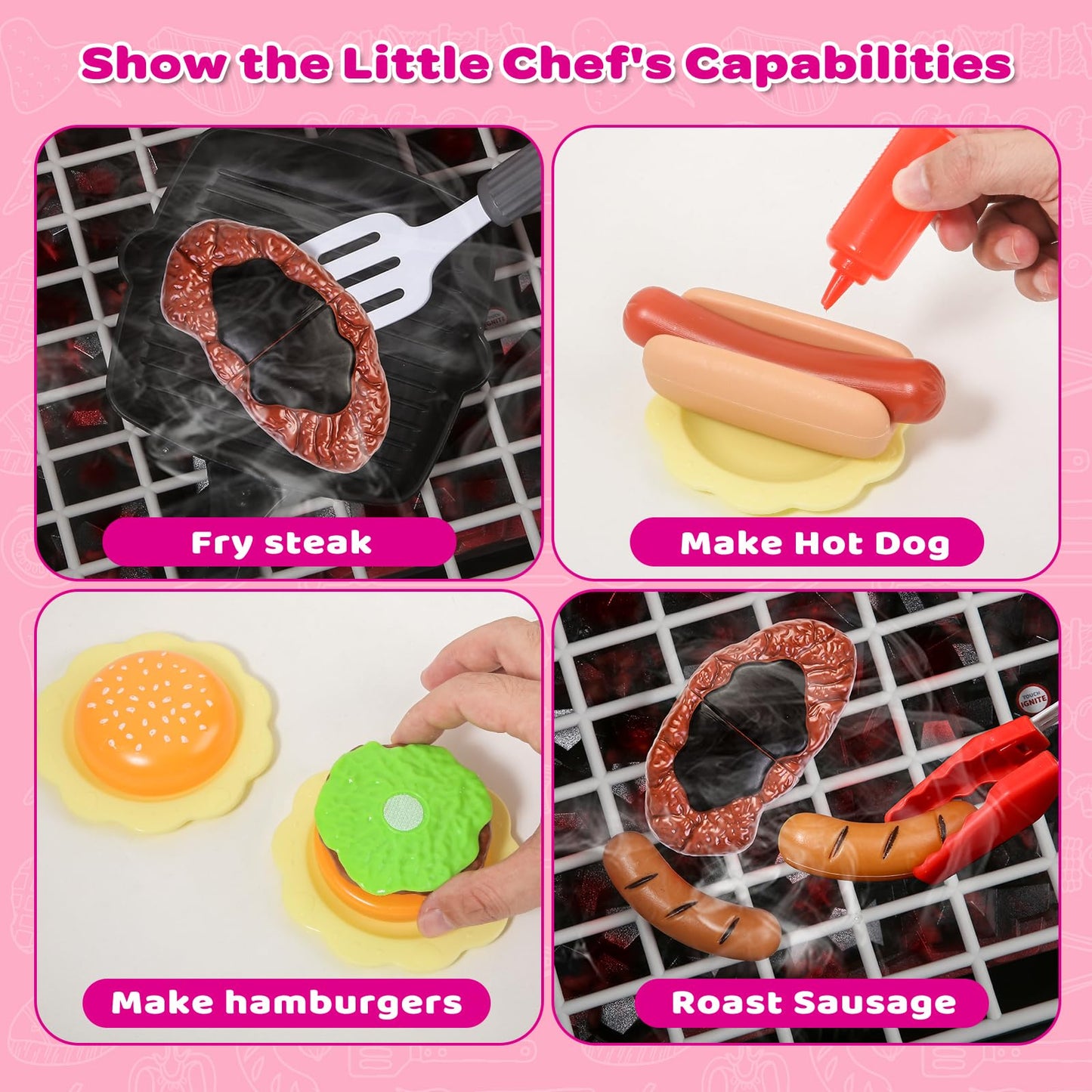 AuroTops Pink Kitchen Toy Set, Kids Grill Playset with Smoke, Sound & Light, Little Chef Play,Cooking Interactive Toys Christmas Birthday Gift