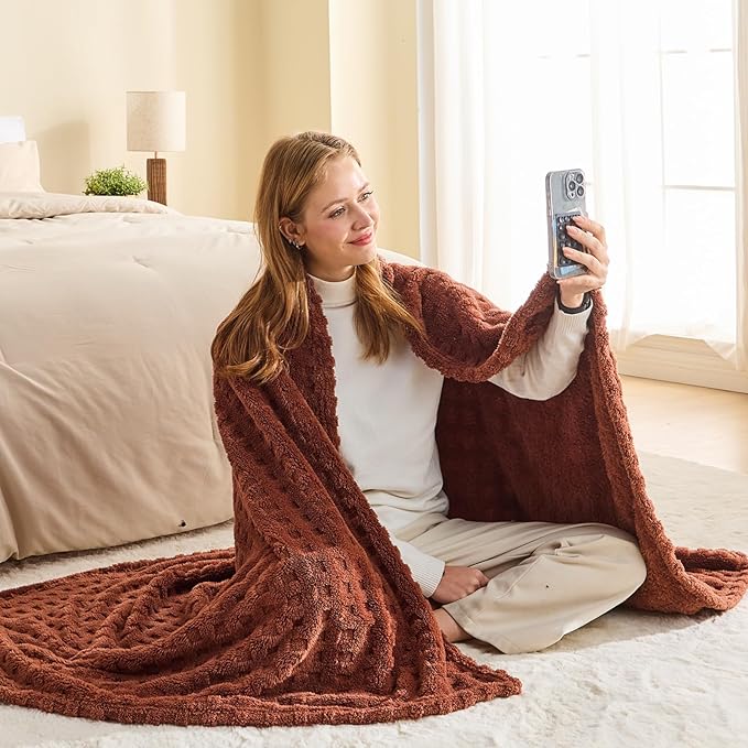 NEWCOSPLAY Super Soft Queen Blanket Coffee Premium Silky Flannel Fleece 3D Waffle Checkered Lightweight Bed Blanket All Season Use (Coffee, Queen(90"x90"))