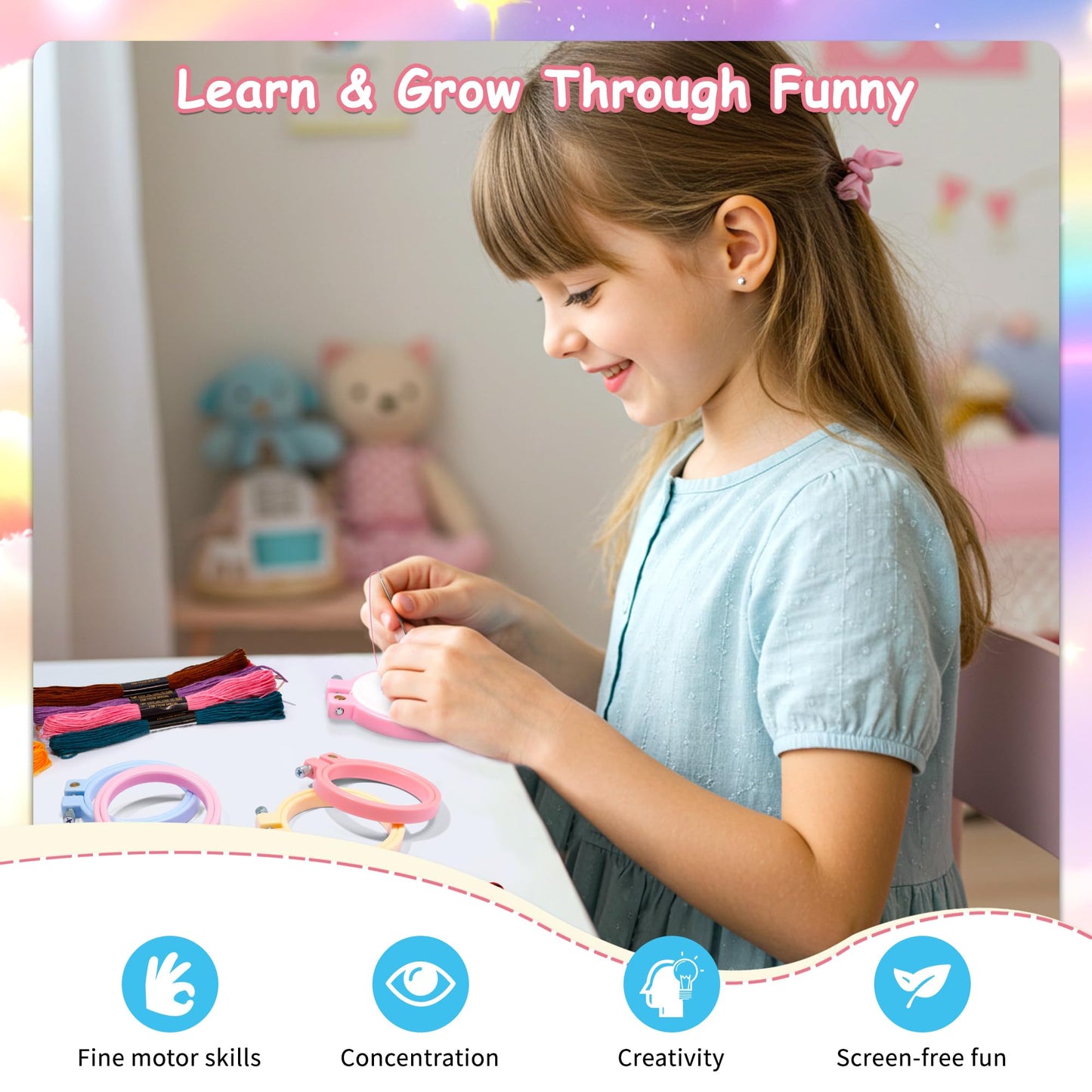 Pllieay 6PCS Embroidery Kit for Kids, Needlepoint Kits for Beginners with Pre-Printed Pattern, 6Pcs Hoop, Threads, Keychains and Instructions, Kids Cross Stitch Kits Supplies for Crafting