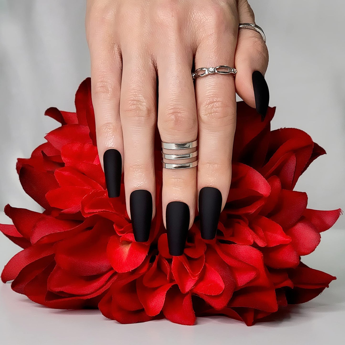 Hypnaughty Press On Nails - Party Star Chrome & Noir Matte Coffin, Trendy & Salon Quality Reusable Nails With Kit