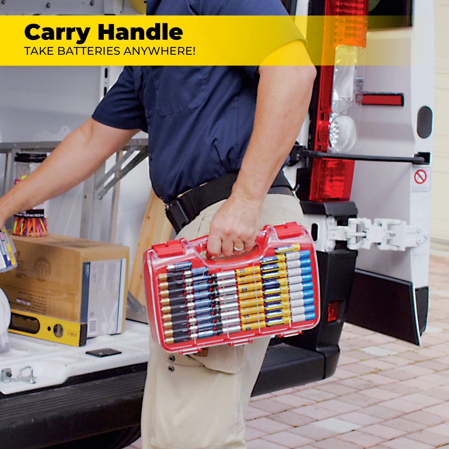 Ontel Battery Daddy Storage & Organizer Case w/Tester, Stores & Protects Up to 180 Batteries, Double-Sided, Clear Locking Lid, Secure Latches & Portable Carrying Handle - Red (Batteries Not Included)