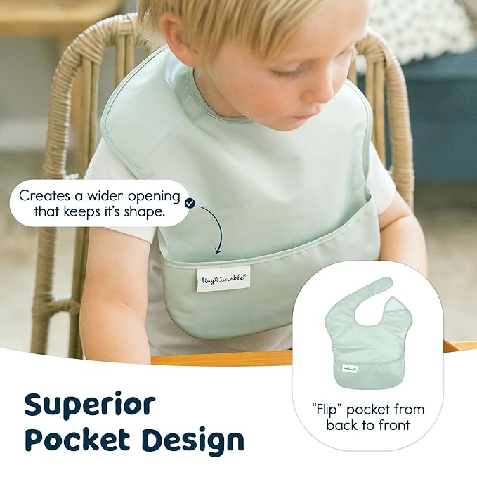 Tiny Twinkle Mess-Proof Baby Bibs for Eating | Waterproof, Wipeable Toddler Bibs with Catch-All Pocket | Feeding Bibs for Girls & Boys(5 Pack, Boy Spring)