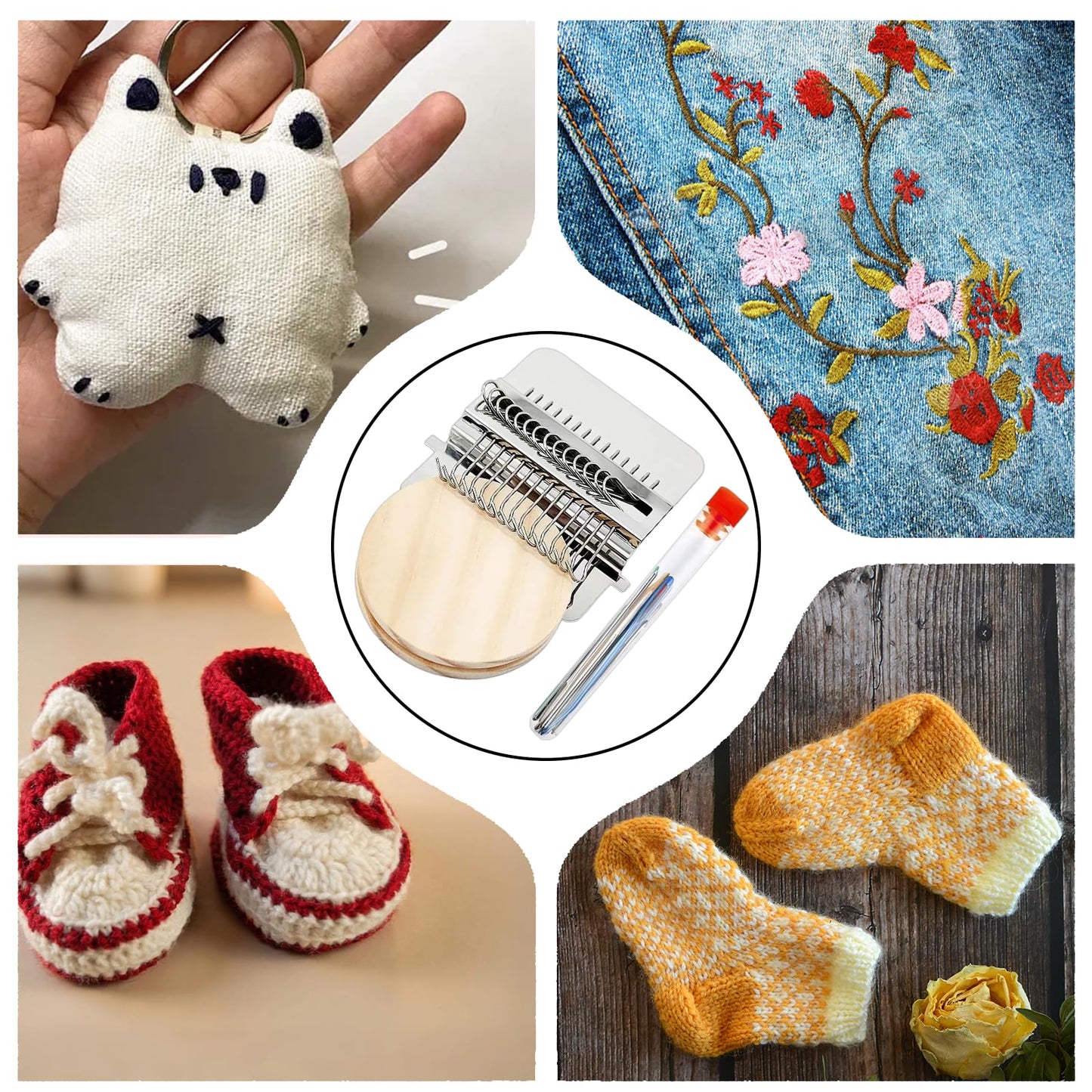 Mini Darning Mushroom for Socks 14 Hooks Small Speedweve Style Weaving Darning Loom with Knit Patch Kit Patch Maker Large Eye Needles 100 Colors Thread for Handcraft DIY Weaving Repair Tool