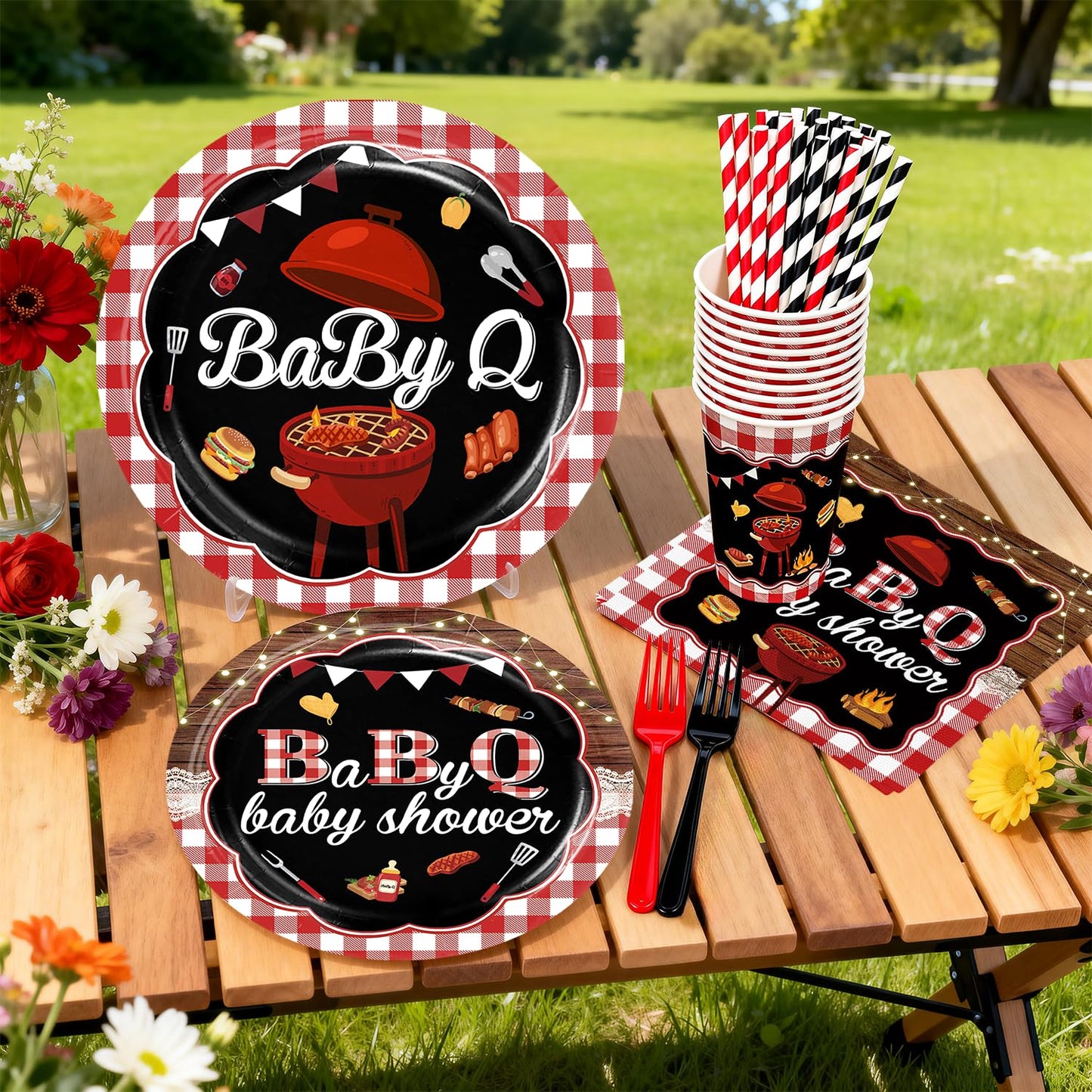 Xynic 213Pcs Baby Q Baby Shower Decorations Tableware Set Severs 25, Baby Shower Decorations Include Banner, Balloons, Tablecloth, Paper Plates, Cups, Cake Topper, Cupcake Toppers