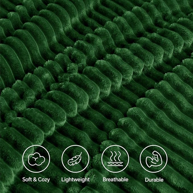 INFIIXSO Sherpa Fleece Queen Size Blanket - Super Soft & Warm Striped Fleece, Cozy Plush Fluffy Large Bed Blanket All Season Use (Dark Green, 90x90 Inches)