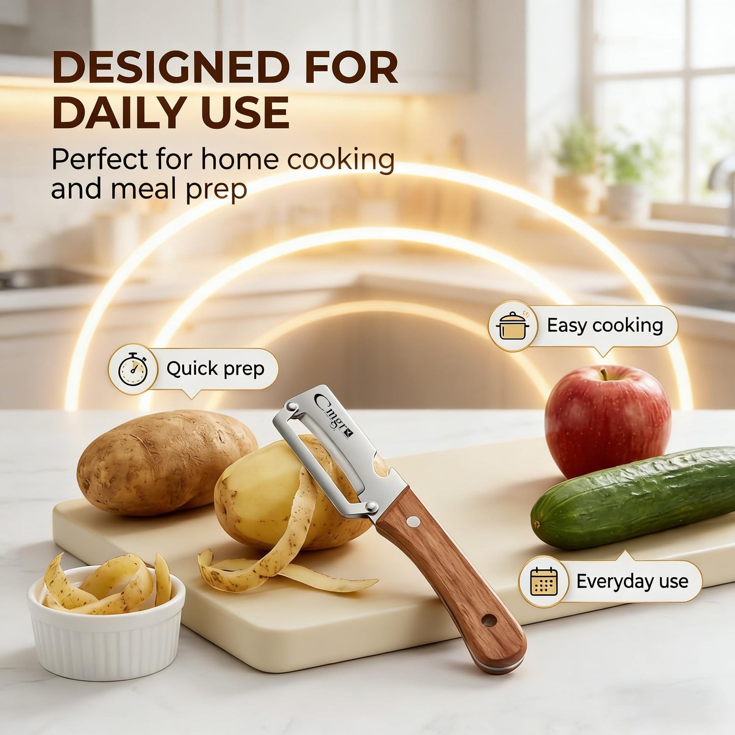 Vegetable Peeler, Multifunctional Stainless Steel Potato & Fruit Peeler with Bottle Opener, Wooden Handle Kitchen Tool, Zero Snag Design