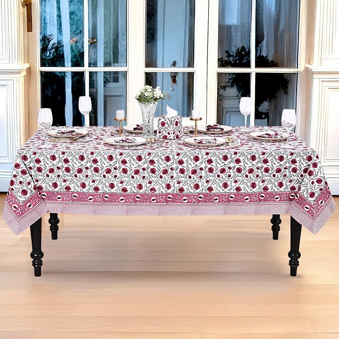 Ridhi -Sangria Red Cotton Tablecloth, Handblock Print Floral Table Cloth for Kitchen Dining Linen I Thanksgiving, Christmas, Wedding, Fall Décor 4 Seater 60x60 Inches Square