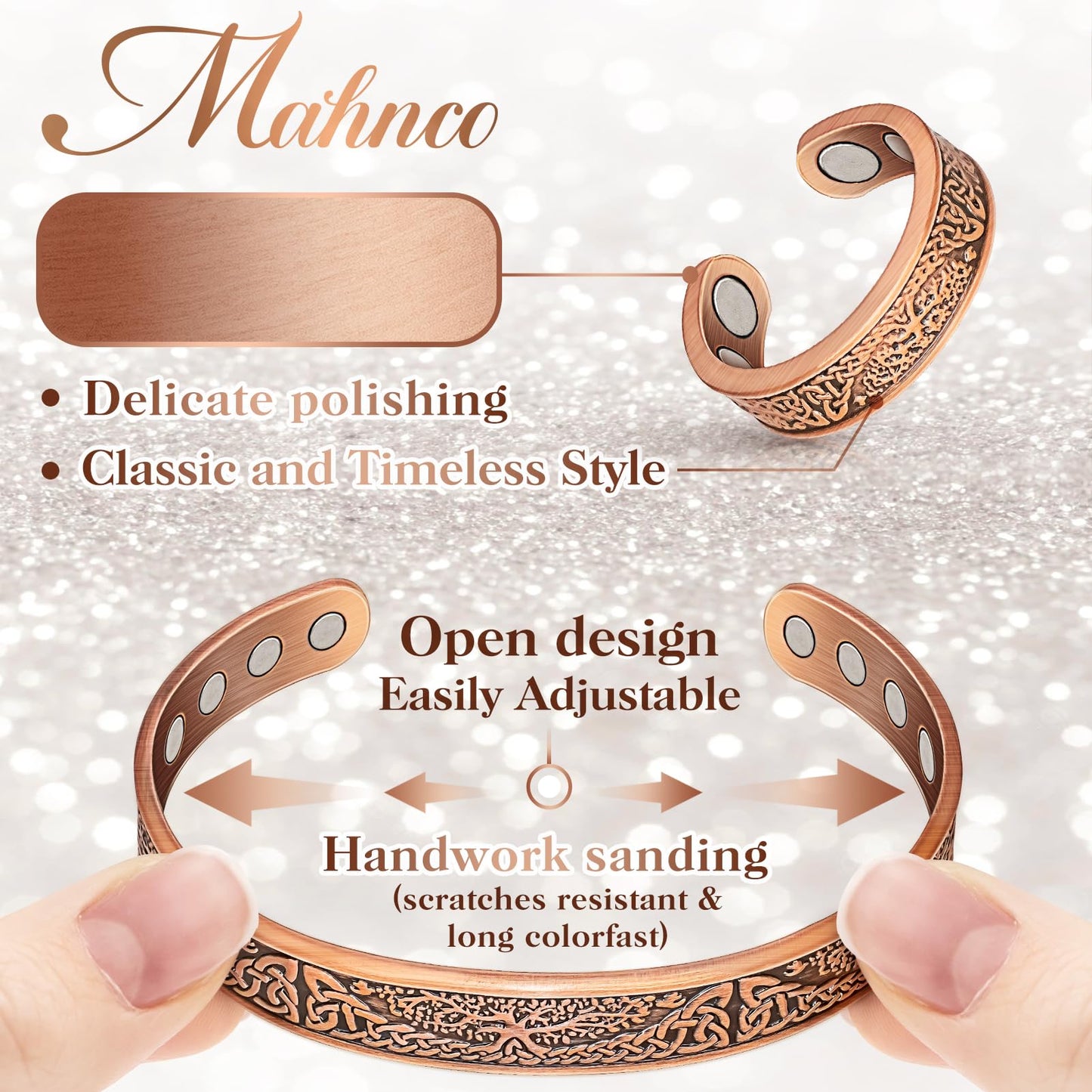 Mahnco Copper Bracelets for Women & Lymphatic Drainage Ring, Magnetic Lymph Detox Ring and Magnetic Copper Bracelet, 100% Solid Pure Copper Jewelry Gift