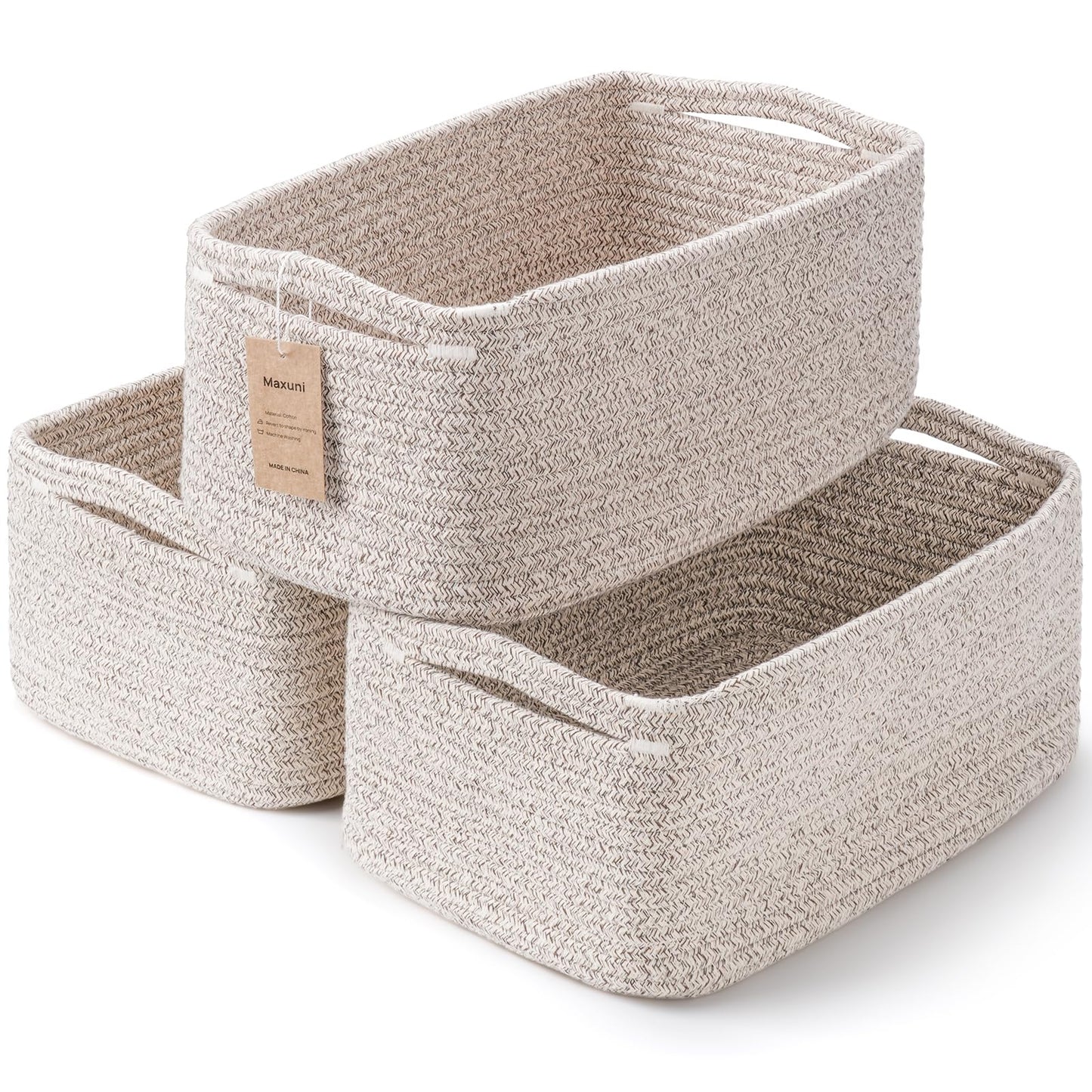 Maxuni 3-Pack Storage Baskets for Organizing | Woven Shelf Toy Basket | Rope Baskets for Gifts Empty | Closet Organizer Bins with Handles | Cube Decorative Box | 13.7×7.1×6.7” | Mixed brown