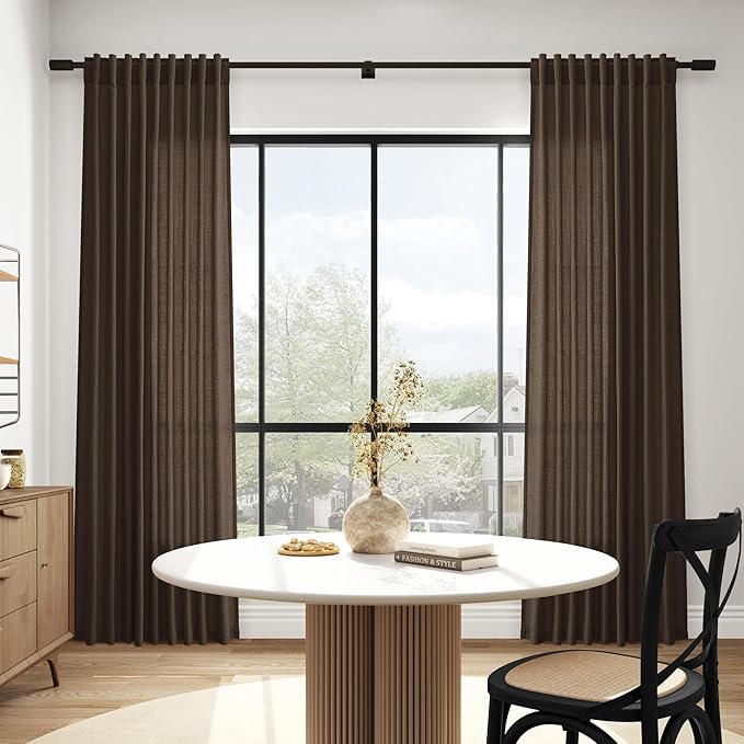 Nanspring Chocolate Linen Blend Light Filtering Back Tab Curtains 96 Inches Long, Semi Sheer Privacy Drapes for Living Room & Bedroom, 52x96 inch, 2 Panels