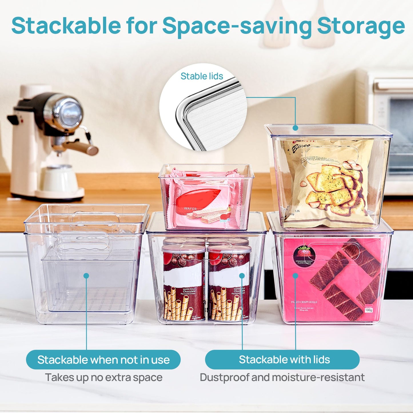 Vtopmart 8 Pack Clear Plastic Storage Bins Set, 4 Large Pantry Organizer Bins with Lids & Handles and 4 Medium Snack Organizer Bins with 4-Compartment for Pantry, Kitchen, Fridge, Cabinet Organization