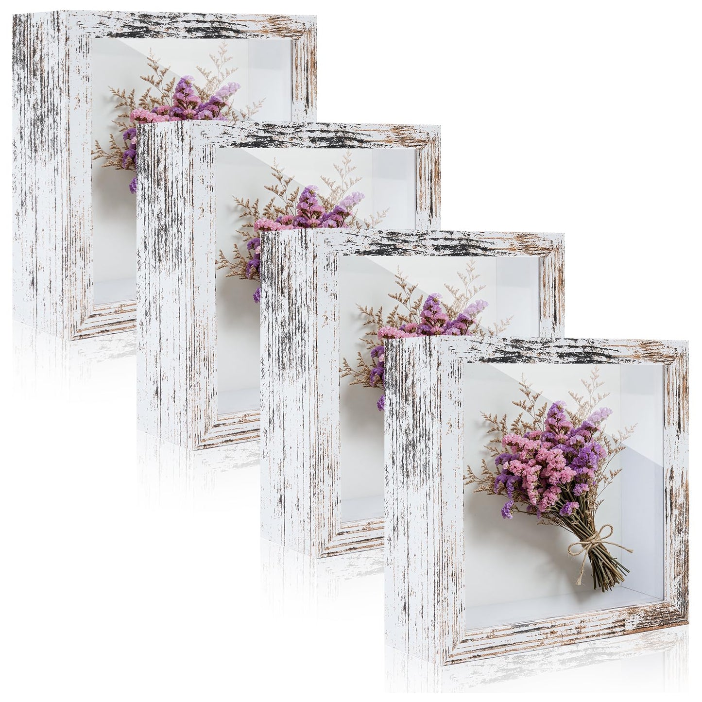 4 Pack 5"x 5" Shadow Box Frames Display Cases Wood Deep Shadowbox for Photos, Dried Flowers, Handicrafts Picture Frames for Wall Tabletop (Distressed White, 5x5)