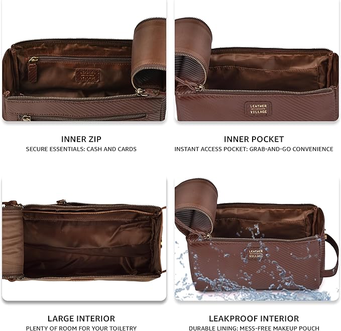 LEATHER VILLAGE Premium Carbon Fiber Genuine Leather Travel Toiletry Bag - Large Compact Dopp Kit, Water-Resistance Shaving & Cosmetic Organizer for Men & Women - Brown