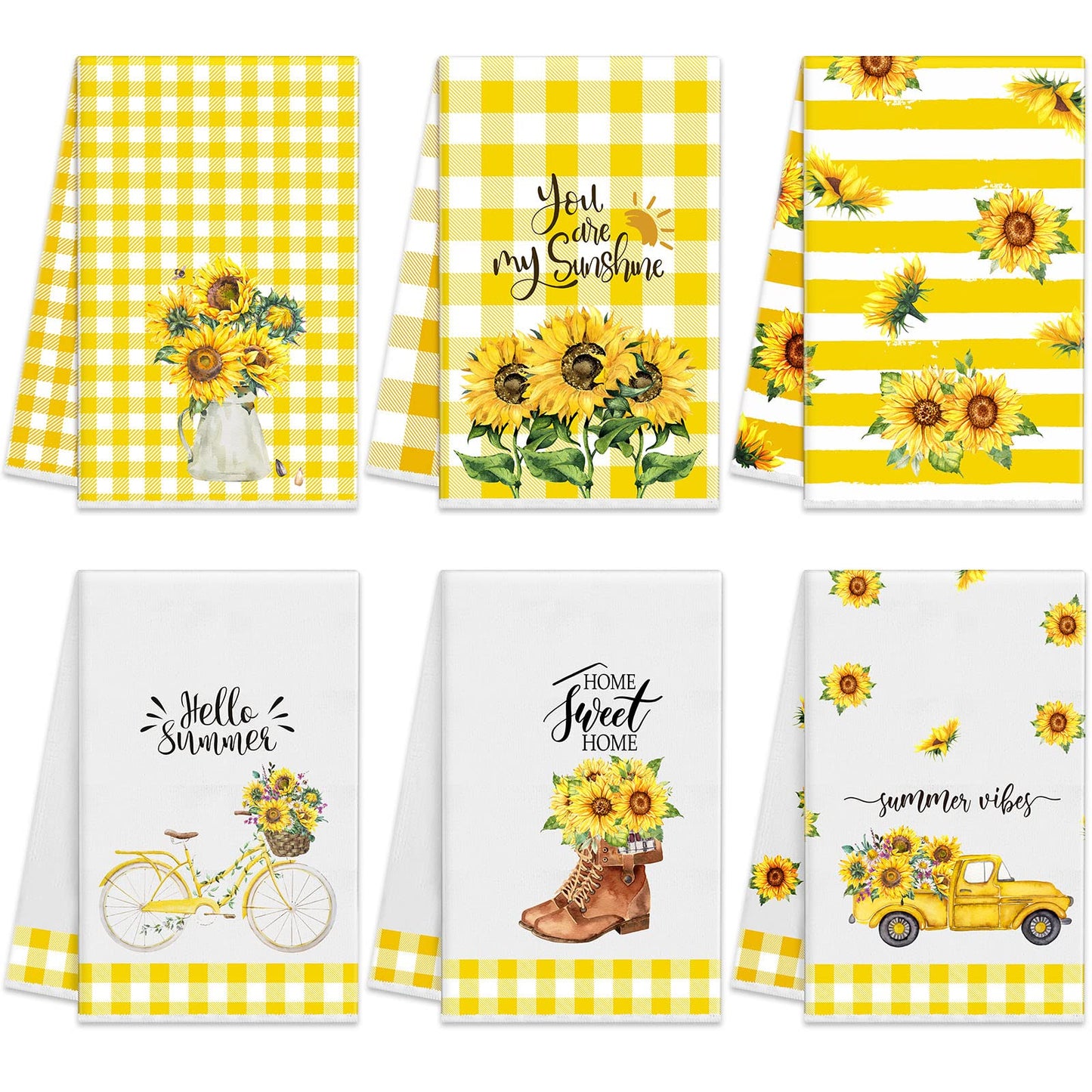 Oudain 6 Pcs Sunflower Kitchen Dish Towels Sunflower Absorbent Tea Towels Reusable Fast Drying Cleaning Dishcloths for Summer Housewarming Gift