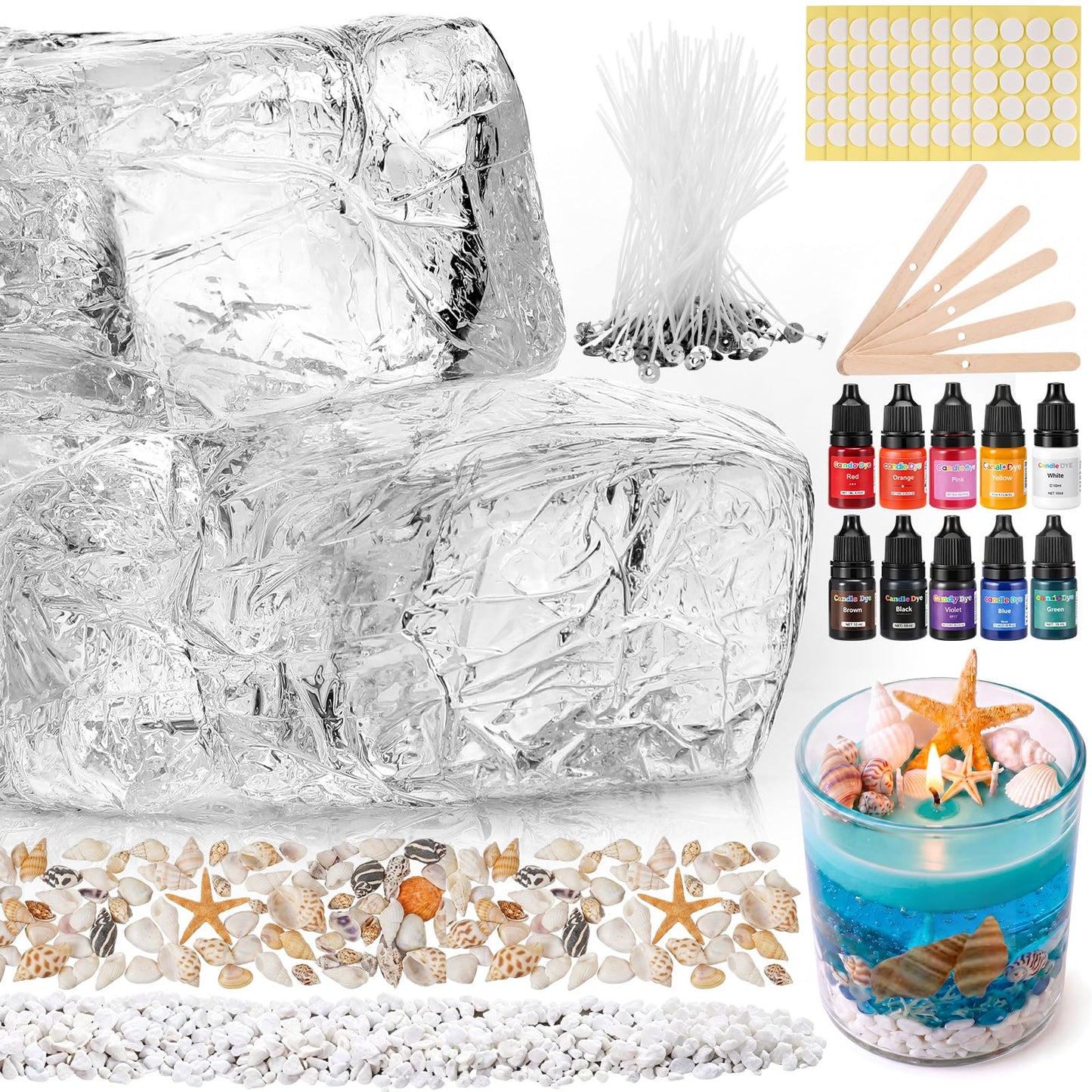 Heigble 6.6 lb Gel Wax for Candle Making Candle Making Kit with Seashells Starfish Pebble Wick Stickers and Liquid Dye and Wooden Wick Device DIY Clear Jelly Make Candles DIY Supplies for Party