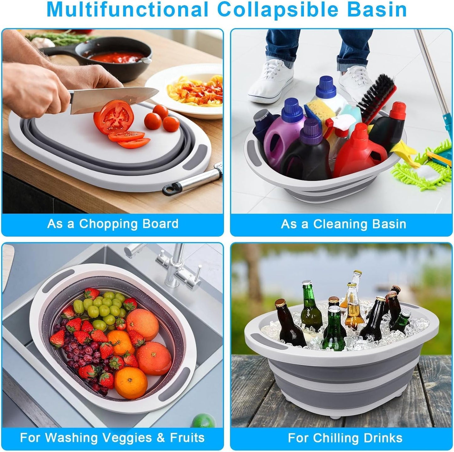 Collapsible Wash Basin, 7.5L Dish Tub Sink Basin Folding Dish Pans for Kitchen Sink, 2-in-1 Dishpan + Cutting Board, Portable Sink Dish Basin for Camping BBQ Prep Tub Washing Bin Bucket for Cleaning
