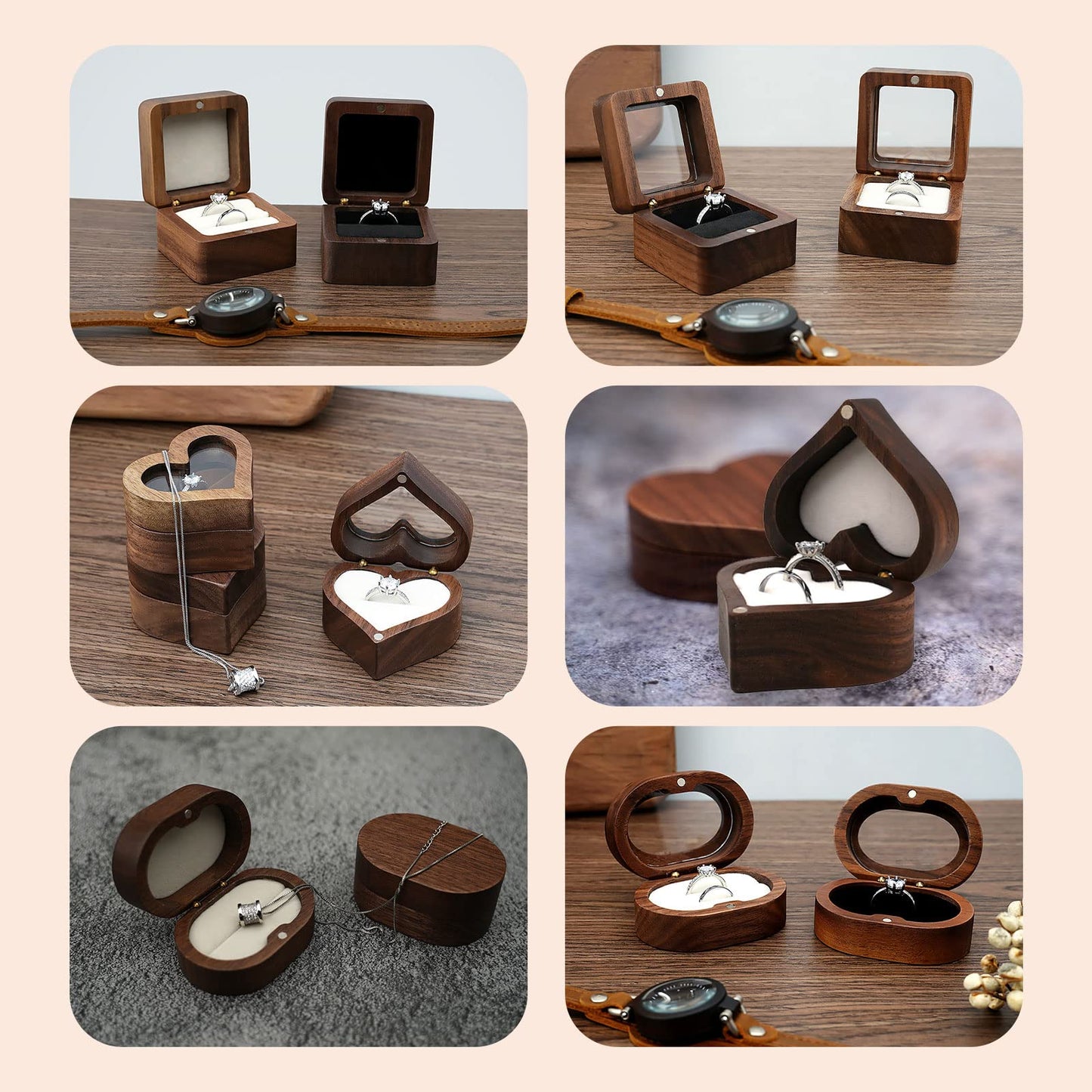 LAIFU Custom Wooden Ring Box for Wedding Ceremony with Text and Pattern Personalised Proposal/Engagement Ring Boxes Heart-shaped