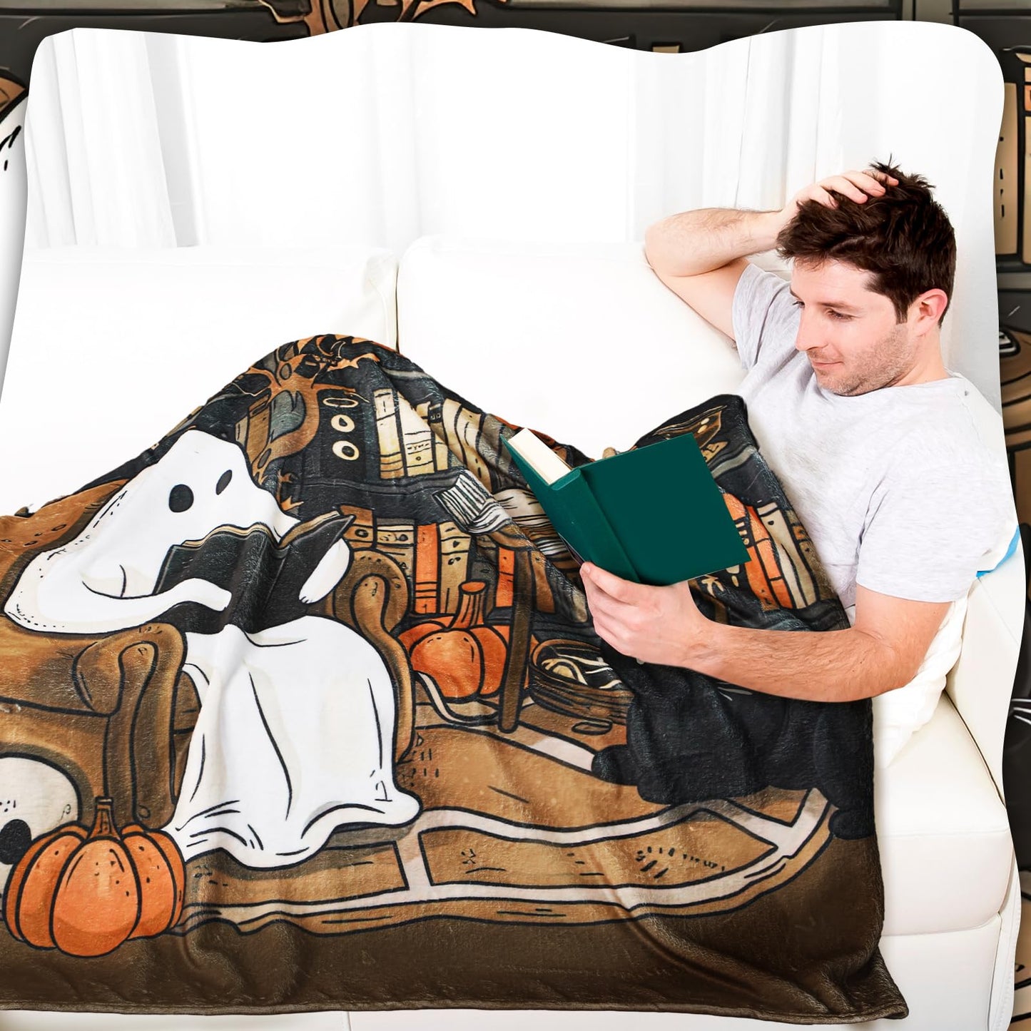 SmoothNovelty Book Lovers Gifts Throw Blanket 60 x 50 Inch Reader Blankets Book Club Horror Gifts Basket Stuffers for Women Bookworm Bookish Librarian Reading Basket(Ghost)