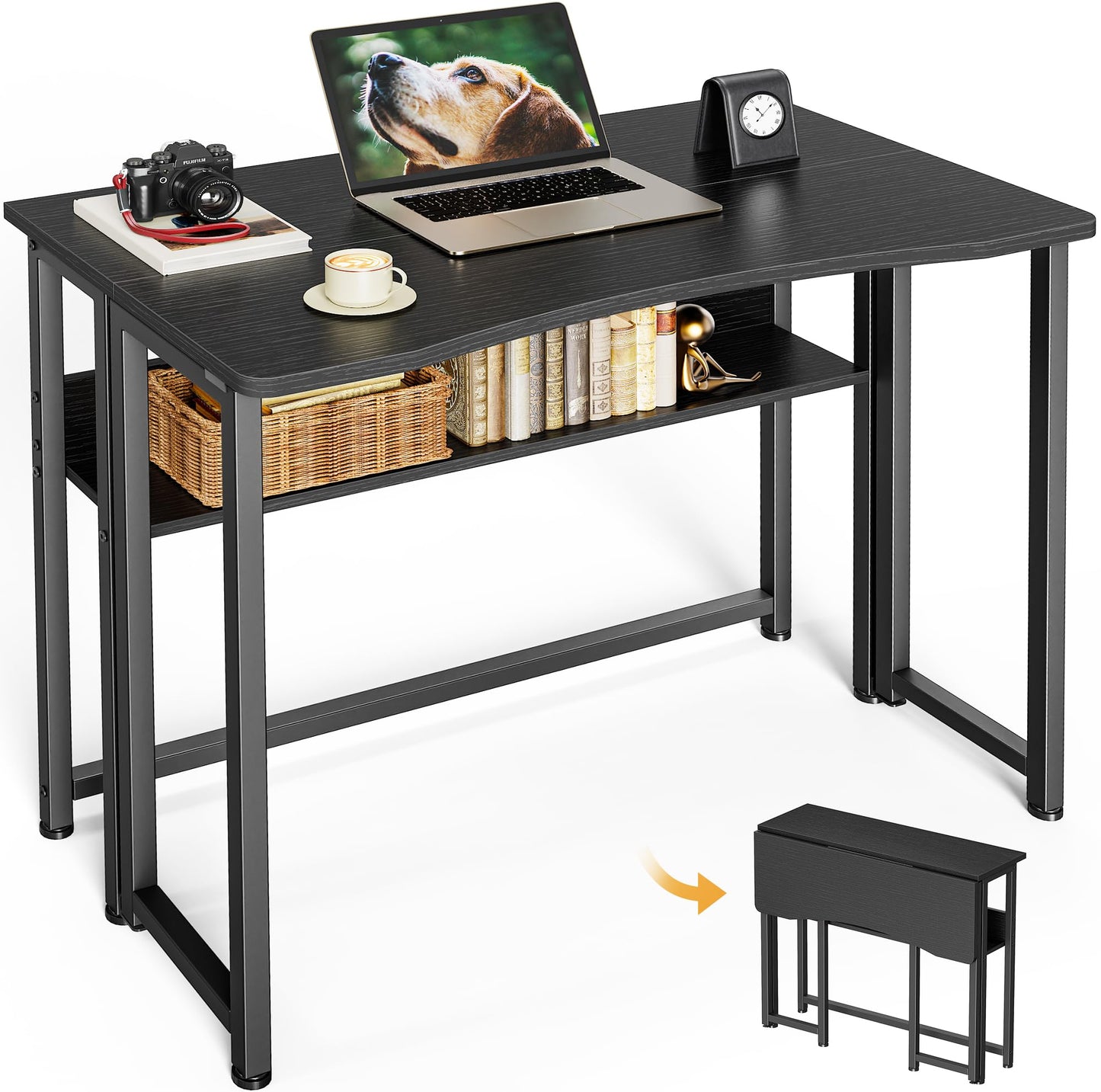 Huuger Folding Desk with Storage Shelf, 31.5 Inch Foldable Computer Table for Small Spaces, Space Saving Sofa Table for Couch, Writing Work Office Computer Desk, Easy to Fold, Black