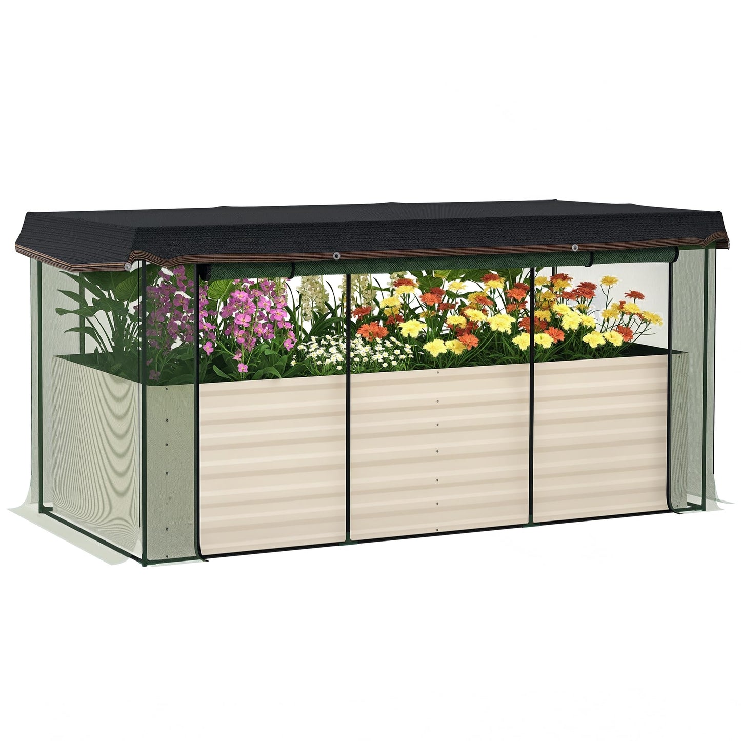 Outsunny 7.3 x 3.4 x 2 ft Galvanized Raised Garden Bed with Crop Cage Plant Protection Net and Shade Cloth Roof, Metal Planter Box with Cover for Vegetables, Flowers, Herbs, Beige