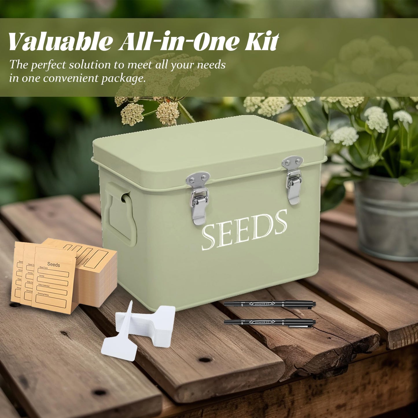 Ecopark Seed Storage Box, Professional All-in-one Kit with 2 Pens, 20 Plant Labels and 50 Seed Envelopes, Metal Storage Organizer, Saving Box, Seed Packet Container, Green