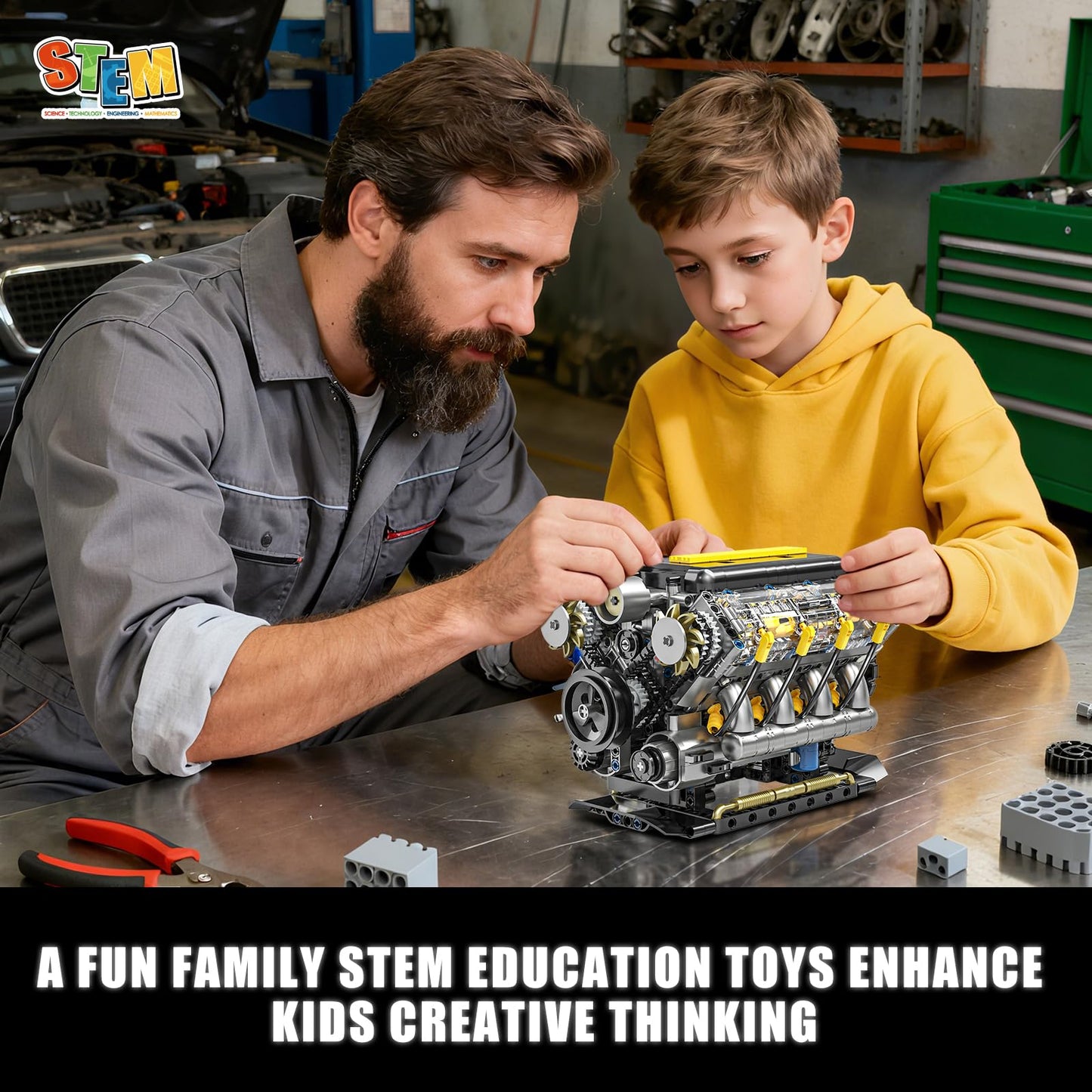 BseSparklion V8 Engine Model Kit that Runs, Visible Mini Car Motor Building Blocks Set for Adults, Compatible with Lego, STEM Physical Science Educational Toy for Teens Boys 14+ (905 PCS)