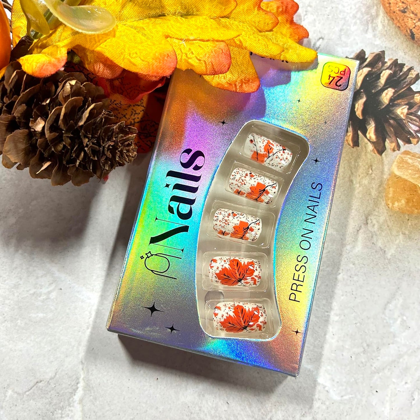 CJDLTS Fall Fake Nail Medium Square Thanksgiving Press on Nails Maple Leaf Artificial Fingernails Full Cover Glossy Autumn Stick on Nail Press Ons Festival Glue on Nails for Women 24Pcs