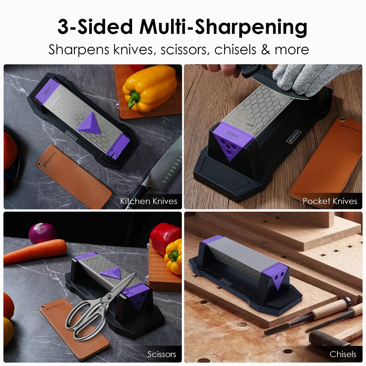 Grindance 3-Sided Diamond Sharpening Stone 400/1000/8000 Grit Whetstone with Angle Guide, Non-Slip Base, Leather Strop & Glove Premium Knife Sharpener for Kitchen, Hunting & Outdoor