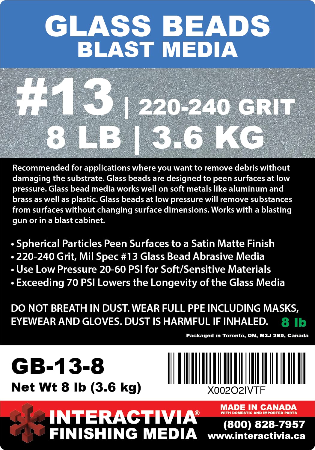 #13 Glass Beads - 8 lb or 3.6 kg - Blasting Abrasive Media (Fine) 220-240 Mesh or Grit - Spec No 13 for Blast Cabinets Or Sand Blasting Guns - Small Beads for Cleaning and Finishing
