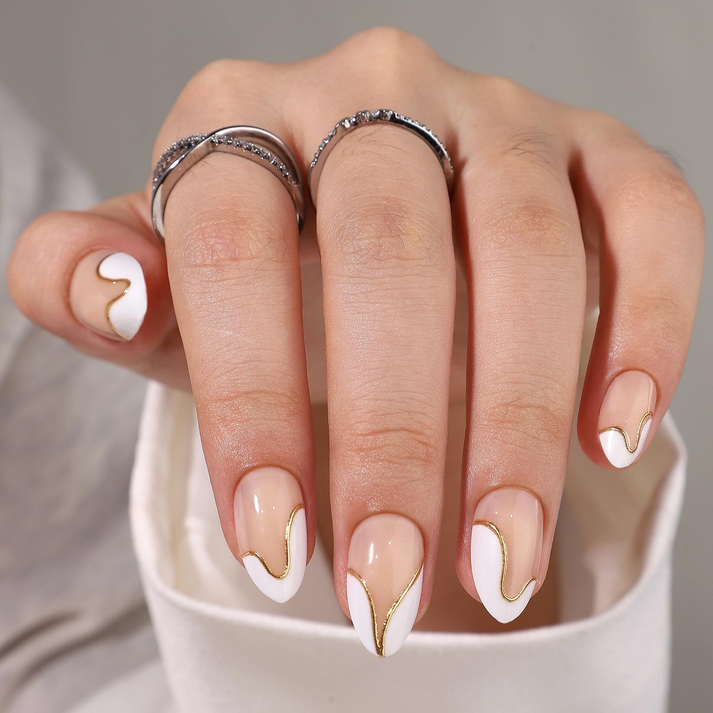 WAFOLOZE Almond Press On Nails - White French Tip Press On Nails Short with Gold Foil Designs, Glue On Nails 16 Sizes - 32Pcs Reusable Soft Gel False Nails Tips Kit, Stick On Nails for Women