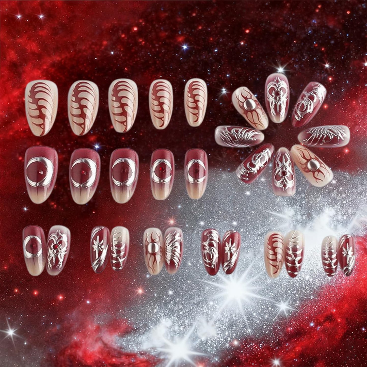 30 Pcs Mirror Press on Nails Silver Heart Moon Fake Nails Red Gradient Acrylic False Nail Medium Oval Glue on Nail for Women