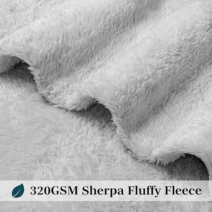 Pavilion Sherpa Bed Blanket Queen Size - Light Grey Plush Soft Cozy, Fluffy Microfiber, Fuzzy All Season, 90x90
