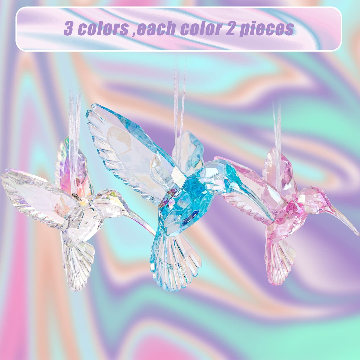 6 Pieces Hummingbird Ornaments Acrylic Hummingbird Figurines Large Crystal Pendants Shiny Iridescent Purple, Blue and Clear Bird Decoration