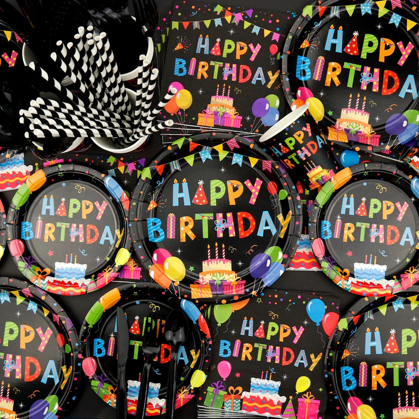 Obussgar Colorful Black Party Decorations - Black and Colourful Party Supplies including Backdrop, Plate, Cake Topper, Cup, Napkin, Balloon, Tablecloth - Serves 20