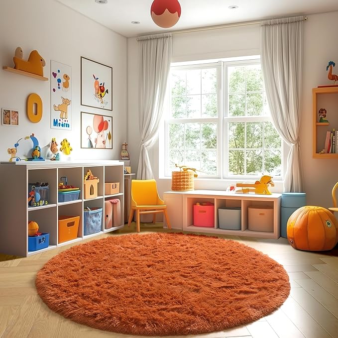 Amdrebio Burnt Orange Round Circle Rug 4Ft for Bedroom Living Room Decor Aesthetic, Fluffy Furry Fuzzy Shaggy Area Rugs for Kids Room, Small Plush Shag Dark Orange Carpet for Nursery Dorm Classroom