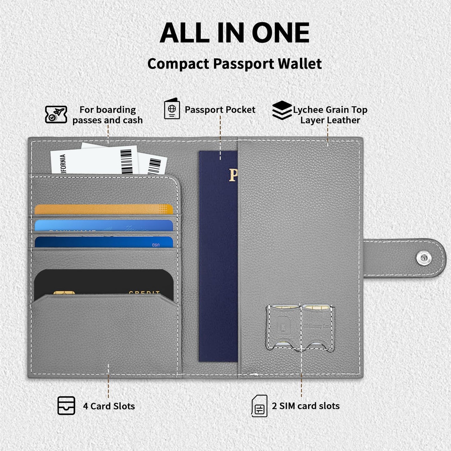 Genuine Leather Passport Holder for Travel, RFID Blocking Passport Wallet with Tracker Holder, Slim Passport Cover Travel Wallet for Women Men, Airport Essentials (Gray)