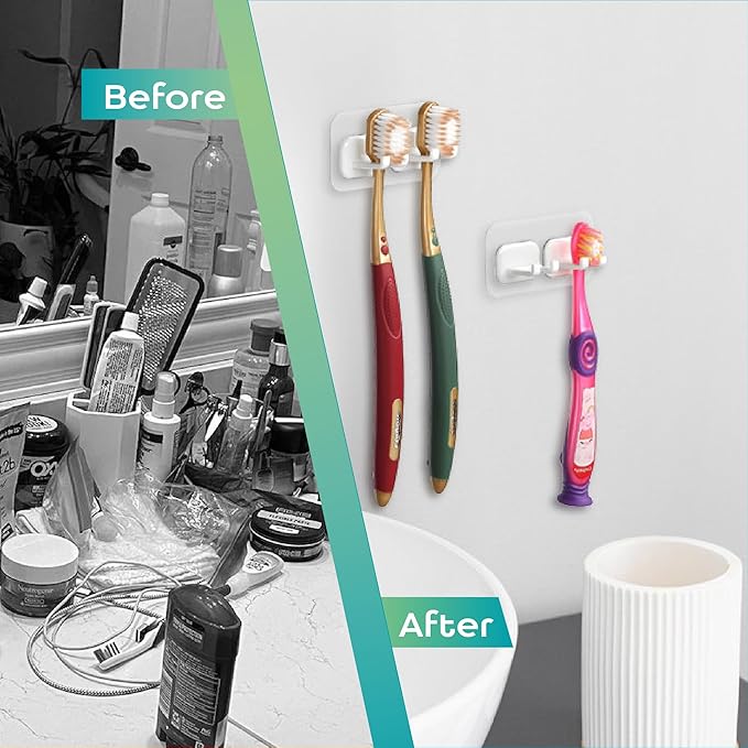 Hook LAB Self-Adhesive Double Toothbrush Holder, 2-Pack, Removable & Reusable Wall-Mounted Storage Organizer, for Bathroom & Kitchen Accessories - White