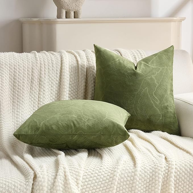 FUTEI Moss Green Velvet Throw Pillow Covers 20x20 Inch Set of 2,Soft Embossed Leaf-Relief Textured Cushion Cases,Natural Home Decor for Couch Living Room