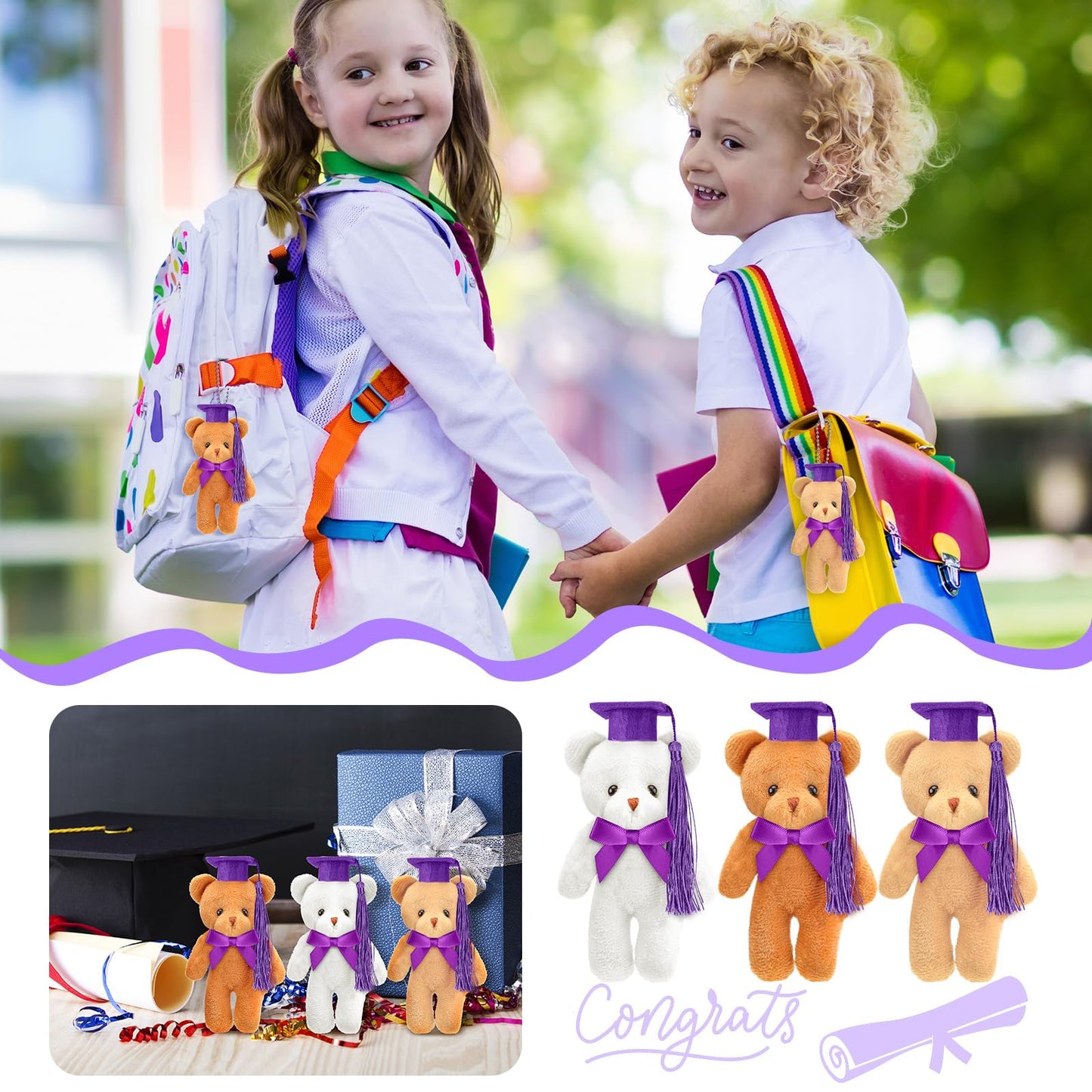 Sotiff 24 Pcs Mini Graduation Bear Plush Gift Stuffed Animal with Cap Gift for Her, for Him, Class of 2026 Graduation Present for College High School for DIY Keychain Xmas Decorations(Purple Cap)