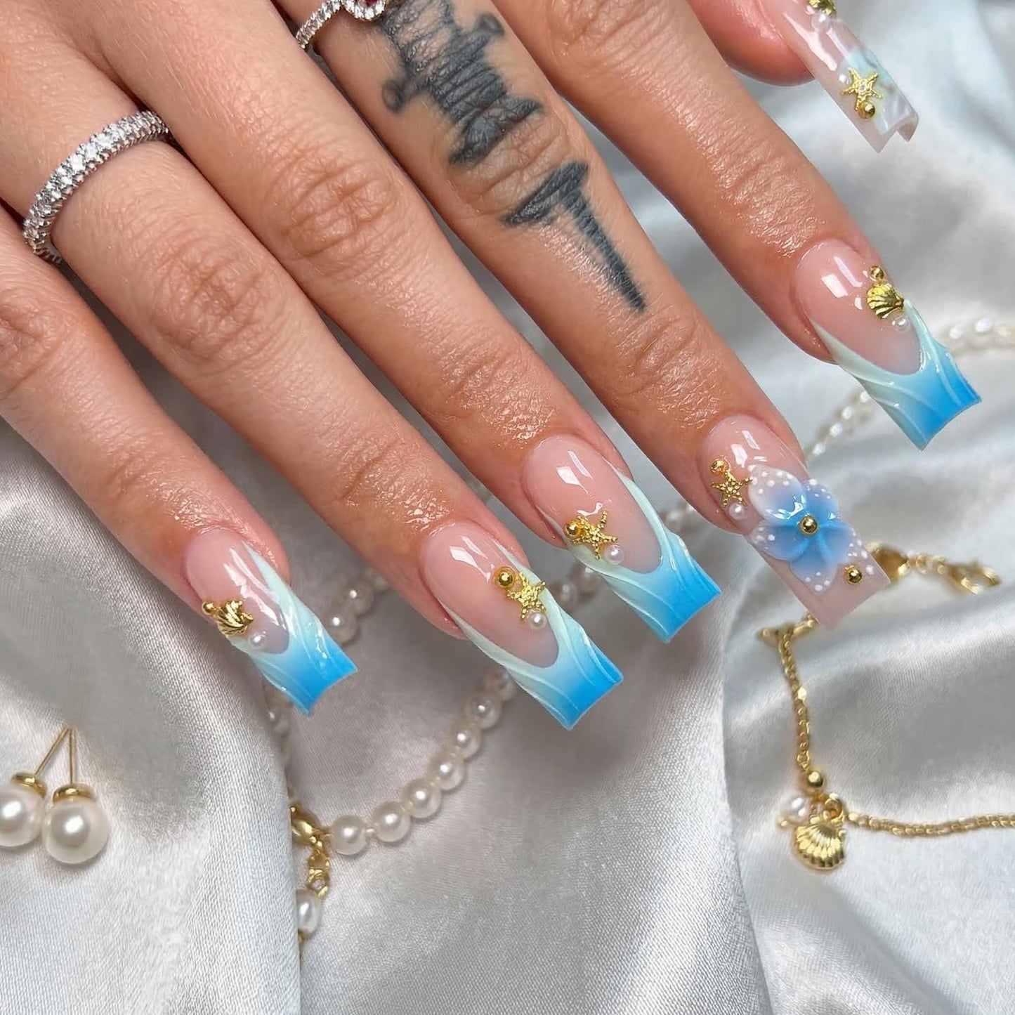 Long Press on Nails Square Fake Nails Blue Acrylic Nail Press ons Seeneey 3D Flowers and Gold Charm Designs Cute Sparkly Beach Stick on Nail for Women 24pcs