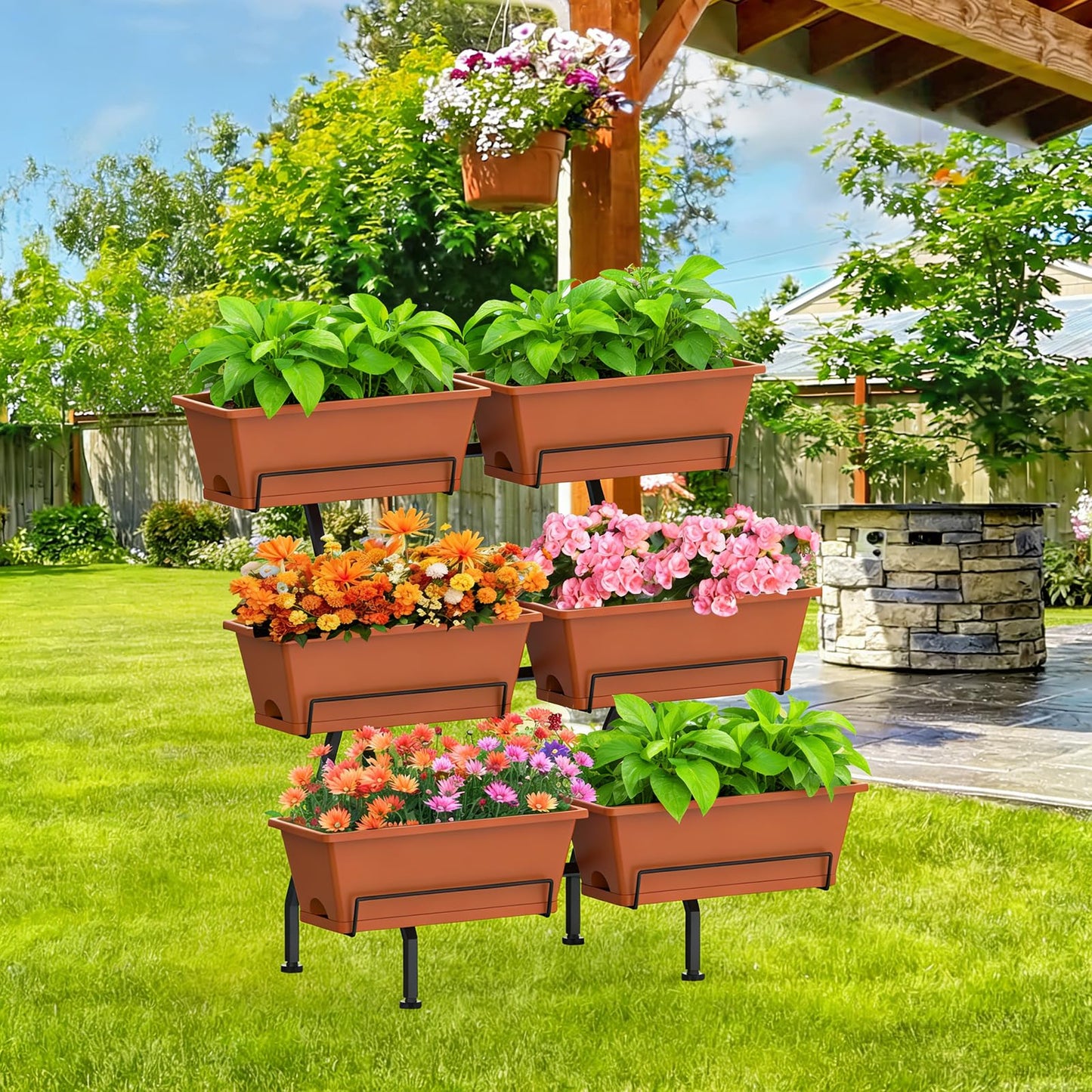 Vertical Garden Planter 3 Tier Vertical Raised Garden Bed Standing Garden Planters with 6 Container Boxes Elevated Garden Planters Indoor Outdoor Herb Planter for Flowers Vegetables Plants, Brick Red